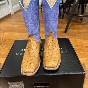 Horsepower Ostrich Men's Western Boots in Tan and Blue.